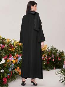 Al Najma Vestido De Estilo Árabe Con Mangas De Volantes Y Cuello Decorado Con Lazo - Negro - Ver 3