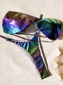 SHEIN Swim Holographic Bandeau Bra And Thong Bikini Set Summer - Multicolor - View 3