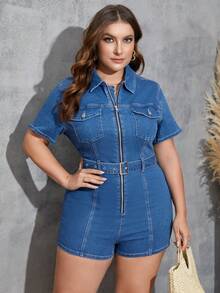 SHEIN LUNE 大尺碼前拉鍊緊身牛仔連身褲 - 中等水洗藍 - 查看 4