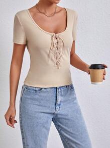 SHEIN Essnce Women's Solid Color Criss-Cross Strap T-Shirt