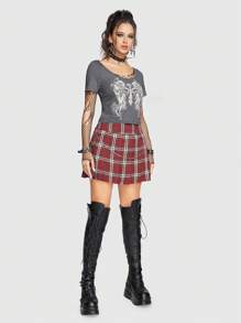 ROMWE Grunge Punk Wings Print Scoop Neck Slim Fit Tee For Summer - Light Grey - View 2