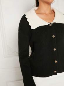 Hauture Áo len cardigan cài nút cổ màu tương phản tối giản giản dị - Nhiều màu - Xem 5