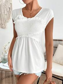 Chiquease Solid Color Round Neck T-Shirt With Shirred Frill Trim - White - View 1