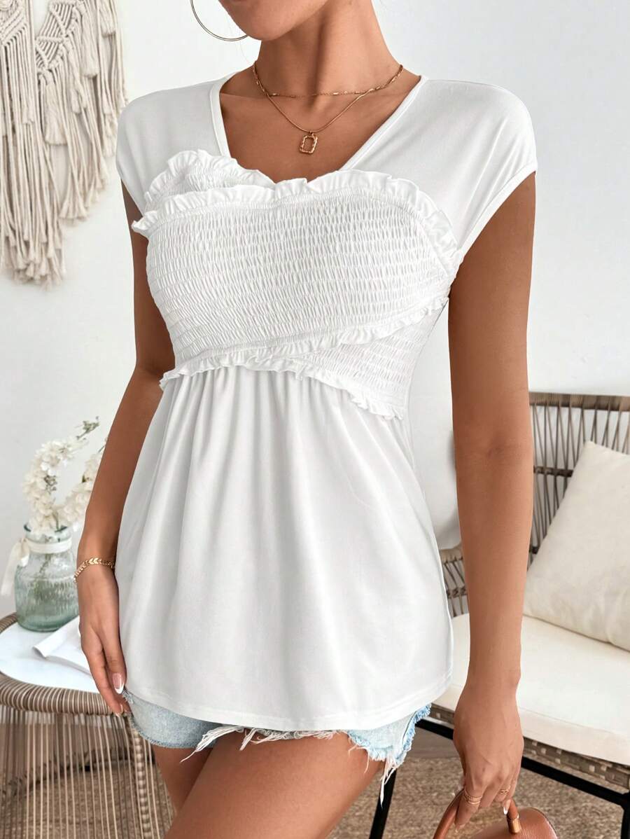 Chiquease Solid Color Round Neck T-Shirt With Shirred Frill Trim - White - View 1