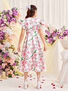 SHEIN Teen Girls' Knit Texture & Jacquard Floral Printed Cap Sleeve A-Line Dress - Multicolor - View 4