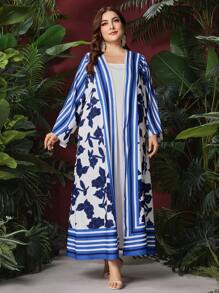 Mulvari Floral & Striped Pattern Plus Size Abaya With Long Sleeves + Sleeveless Dress (2pcs/Set) Fall Cloth For Women - Multicolor - View 5
