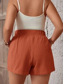 SHEIN VCAY Plus Size Solid Color Casual Shorts - Brown - View 2
