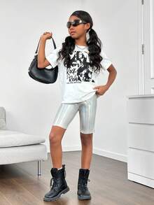 SHEIN Cô gái Tween Mát mẻ Phong cách đường phố Mùa xuân/Mùa hè Dệt kim Độ co giãn Cao Quần short - Bạc - Xem 5