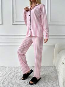 2pcs/Set Women's Striped Lapel Neck Long Sleeve Top And Long Pants Pajama Set - Pink - View 5