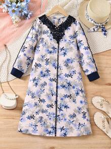 SHEIN Ramadan YOUNG Girl  Floral Lace Collar Long Sleeve Long Dress