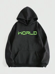 STREVIBMA 男士地球與字母圖案保暖襯裡連帽衫 - 黑色 - 查看 2