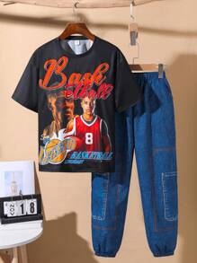 2入組少年男孩休閒街頭風格寬鬆印花短袖針織T恤和超巨牛仔紋織製褲子 - 彩色 - 查看 1