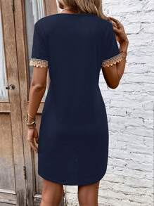 SHEIN LUNE Patchwork Soluble Lace Ribbon V-Neck Dress - Navy Blue - View 2