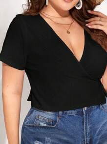 SHEIN VCAY Plus Size Solid Color Wrapped Tie T-Shirt - Black - View 6