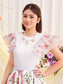 SHEIN Teen Girls' Organza Flower Printed Layered Ruffle Sleeve Textured Knit T-Shirt