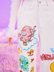 ROMWE X Care Bears Cartoon Bear Print Wide Leg Jeans - White - View 4
