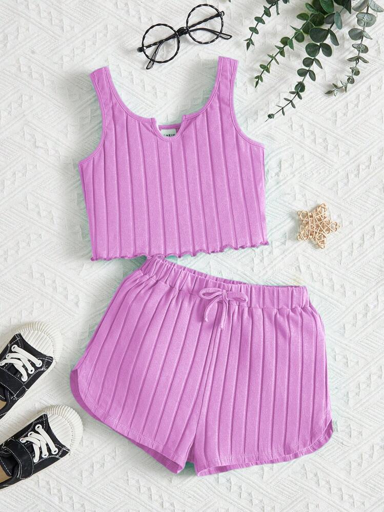 SHEIN Conjunto casual de top de punto con detalle de canalé liso y cuello en V y shorts para niña preadolescente - Lila Púrpura - Ver 1