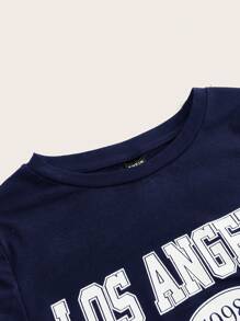 SHEIN EZwear 女士短袖字母印花t恤 - 藏蓝色 - 查看 4