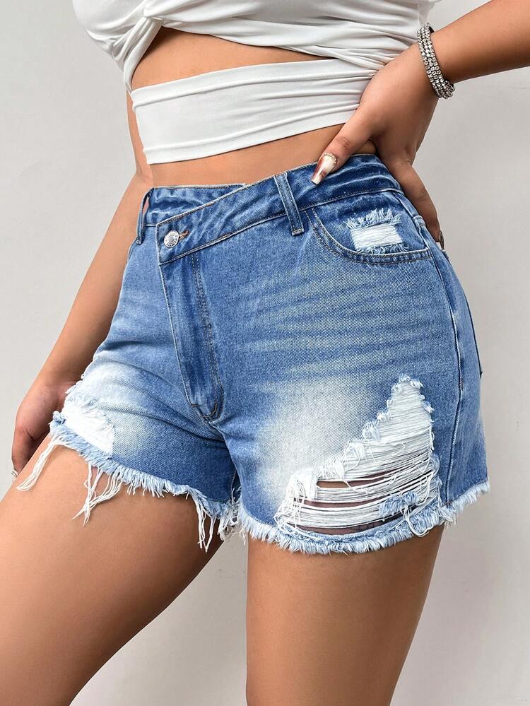 Asymmetrical Waist Water Wash Ripped Denim Shorts
