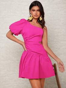 Soleia Vestido Unicolor Con Dobladillo Con Volantes Y Un Hombro - Rosa Fucsia - Ver 3