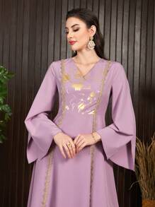 Modelyn Women's Gold Ribbon Patchwork Flare Sleeve Dress - Mauve Purple - View 1