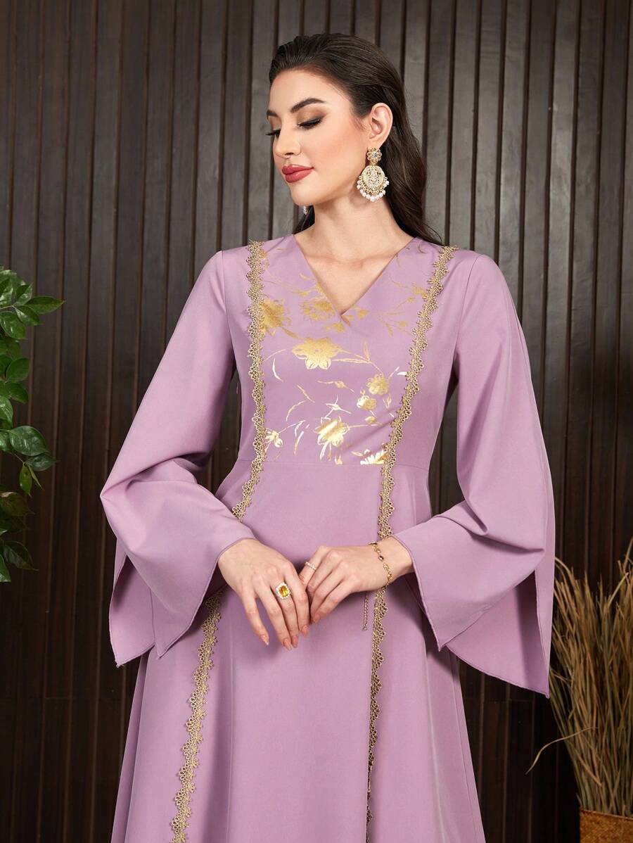 Modelyn Women's Gold Ribbon Patchwork Flare Sleeve Dress - Mauve Purple - View 1