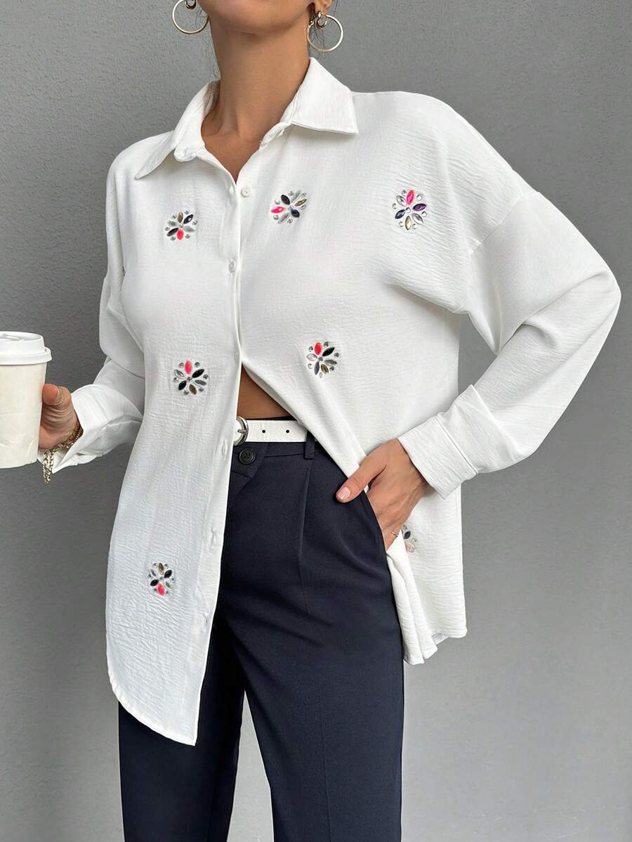 EURMUSE Embellished Long Sleeve Blouse - White - View 1