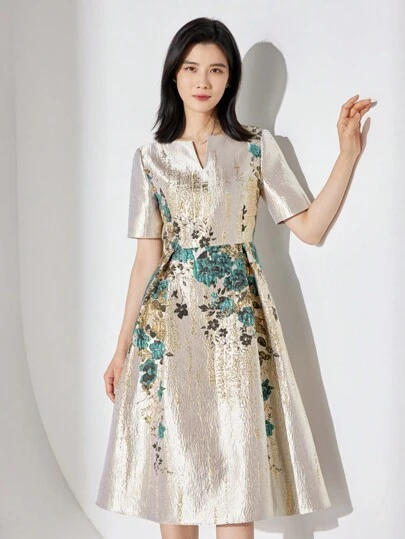 Women's Notched Neck Jacquard Cocktail Party Dress Elegant Prom Semi Formal Wedding Guest Dress, For Birthday, Graduation, Dinner, Homecoming