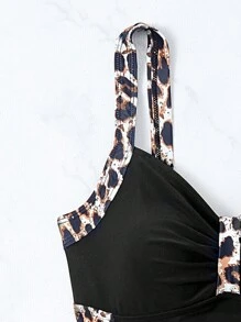 Swim Lushoire 1pc Women Leopard Print Pleated One-Piece Swimsuit, Beach Vacation, 2025 Summer - Black - View 4