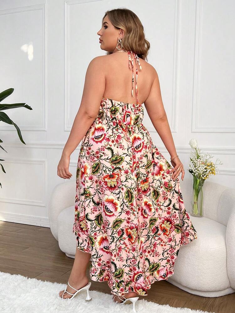 Plus Size Floral Print Lace Insert Open Back Halter Neck Dress