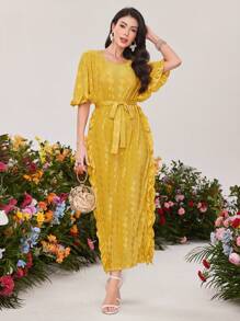 Modelyn Women's Solid Color Textured Ruffle Hem Batwing Sleeve Dress Long Evening Dresses - Yellow - View 6