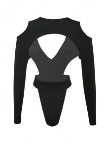 SHEIN SXY Women's Solid Color Hollow Out Backless Bodysuit