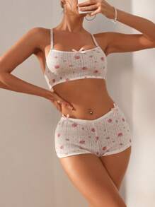 SHEIN Conjunto de lencería con estampado floral diminuto para damas - Blanco - Ver 4
