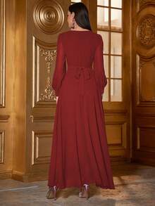 Vestido plisado elegante con decoración de cristales para mujer, primavera/otoño - Rojo - Ver 2