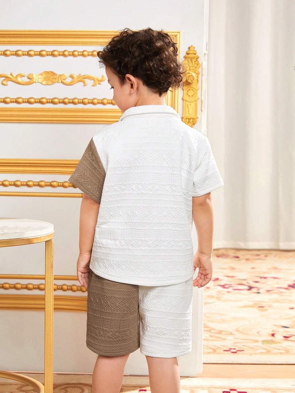 Young Boy's Texture Contrast Color Short Sleeve Shirt And Shorts Set, Cute And Combinable