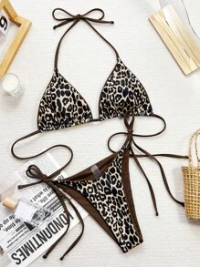 Swim SXY 1 bộ đồ bơi bikini hai mảnh họa tiết da báo, thiết kế hình tam giác siêu nhỏ (in ngẫu nhiên), mùa hè nghỉ dưỡng bãi biển - Cà phê nâu - Xem 4