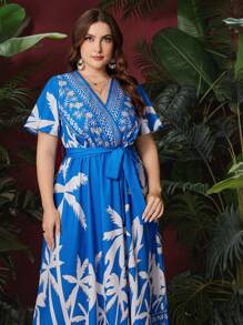 Mulvari Plus Size Women's Palm Tree Printed Ruffle Short Sleeve Dress - Blue - View 3