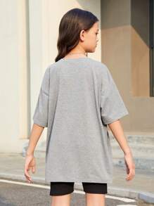 SHEIN Tween Girls' Sporty Street Style Knit Solid Short Sleeve Top, Long Version For Spring & Summer - Grey - View 2