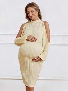SHEIN Maternity Dresses Split Zip Plain Anggun - Aprikot - View 3