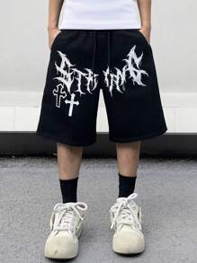 Manfinity EMRG 男款字母與十字印花牛仔短褲 - 黑色 - 查看 1