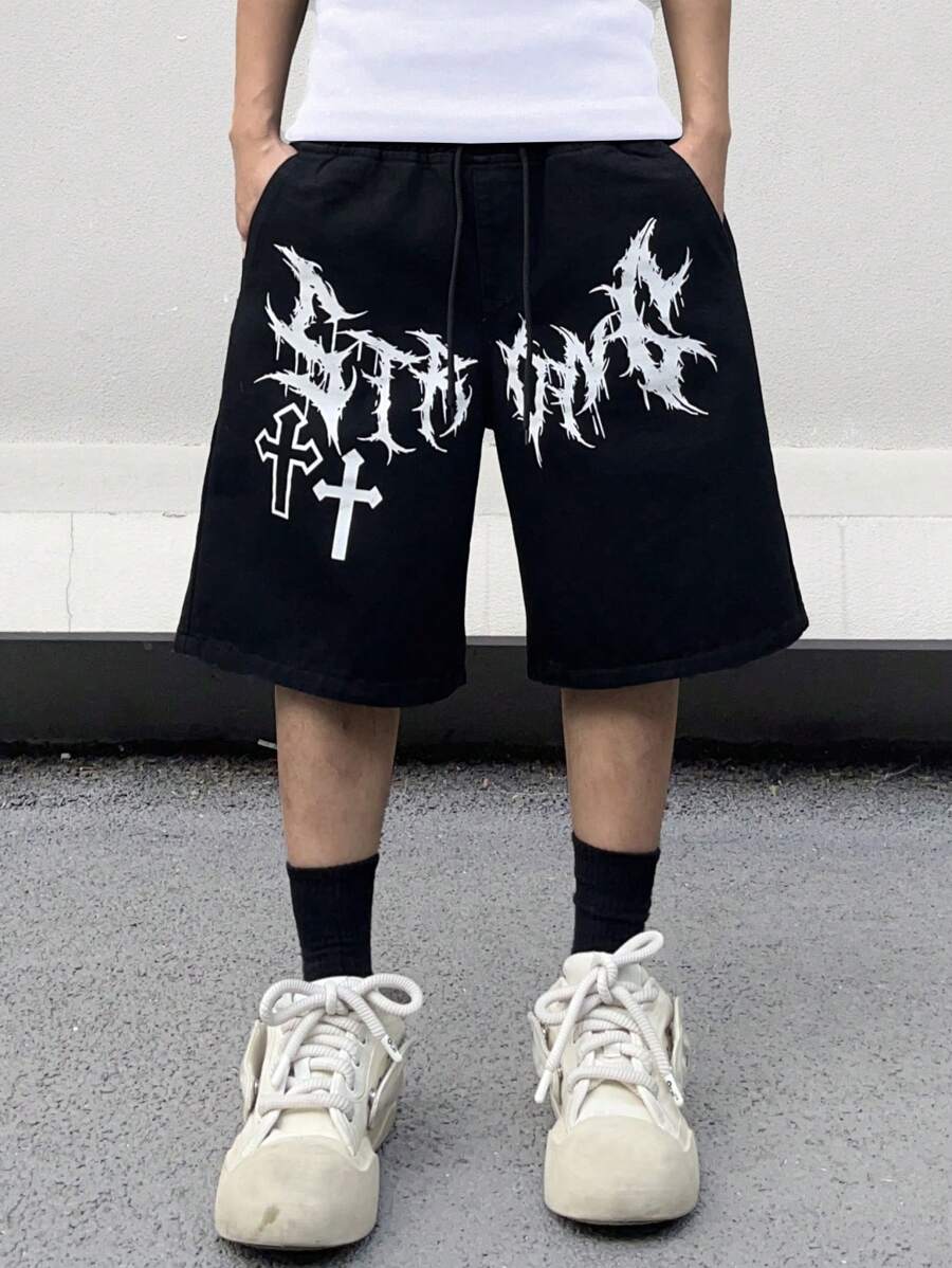 Manfinity EMRG 男款字母與十字印花牛仔短褲 - 黑色 - 查看 1