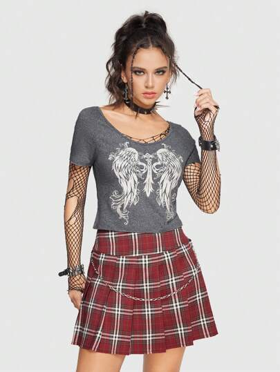 Grunge Punk T-shirt imprimé ailes