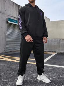 Manfinity Roughcore Men's Plus Size Letter Printed Hooded Sweatshirt And Pants Set - Black - View 5