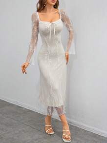 Aloruh 白色花邊鈴鐺袖子束綁長袖連衣裙 - 白色 - 查看 4