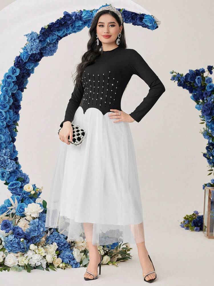 Women's Color Block Dress With Stud Decoration Long Evening Dresses