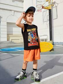 SHEIN Young Boy Leisure Cartoon Animal & Letter Printed Round Neck Tank Top