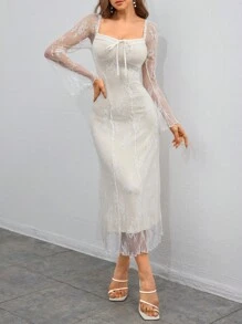 Aloruh 白色花邊鈴鐺袖子束綁長袖連衣裙 - 白色 - 查看 5
