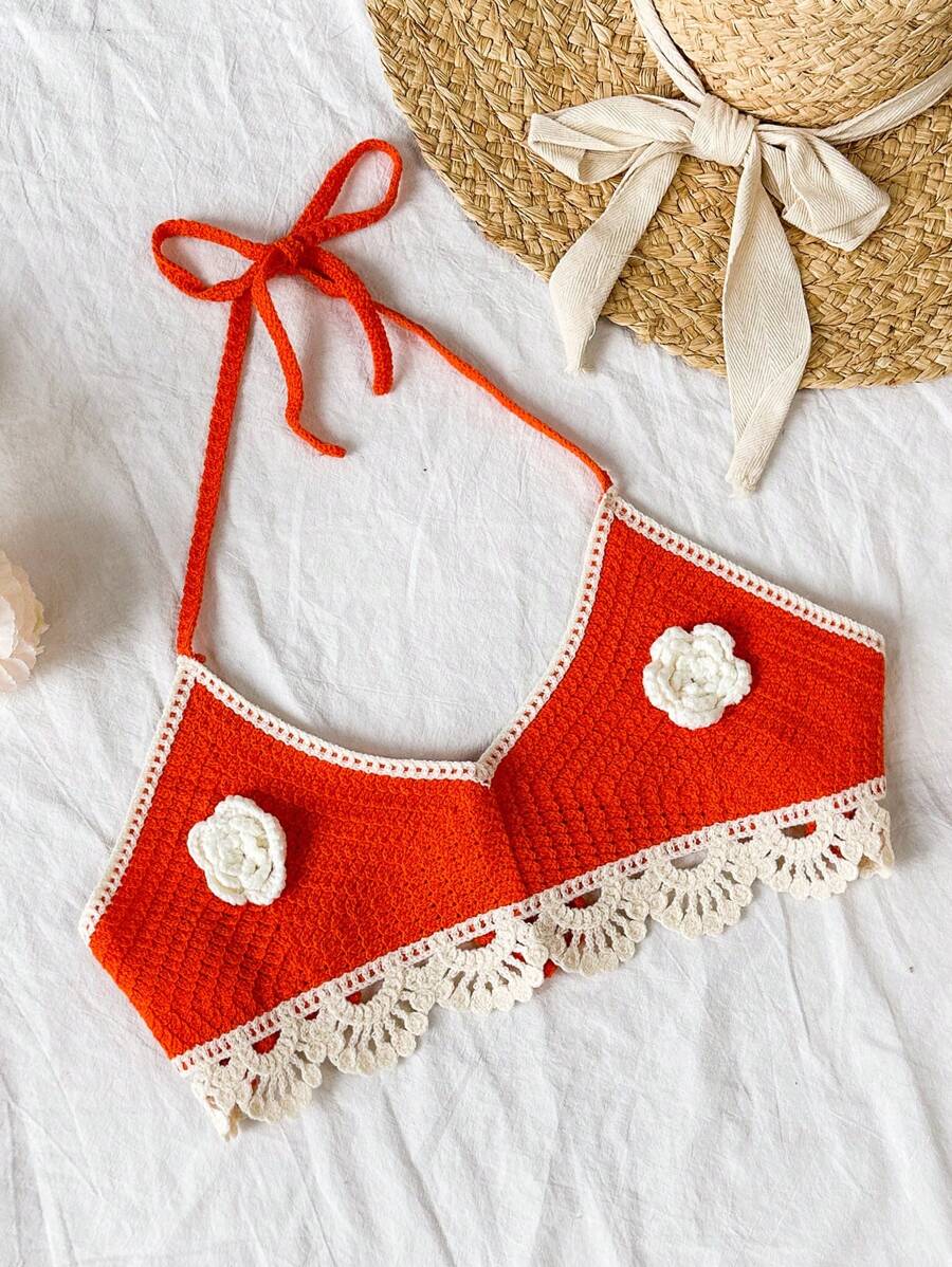 Soleia 女款編織衫,3d花卉裝飾和啞鈴設計 - 橘色 - 查看 1