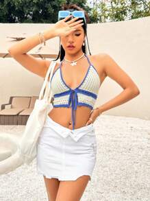 Soleia Holiday Blue & White Color Blocking Halterneck Knitted Top - Blue and White - View 5