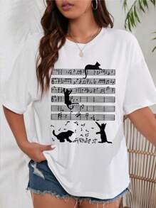 INAWLY 大码女式猫咪图案宽松 T 恤图案 T 恤女式上衣，适合夏季 - 白色 - 查看 3